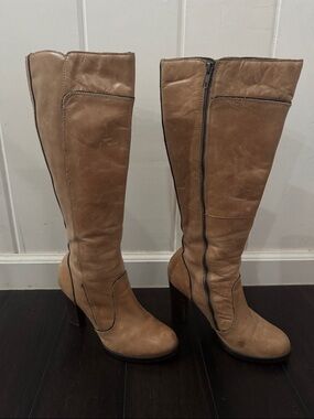 Aldo Tan Knee-High Leather Heeled Boots with Side Zip